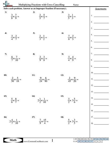 Fraction Worksheets - Multiplying Fractions with Cross Cancelling worksheet